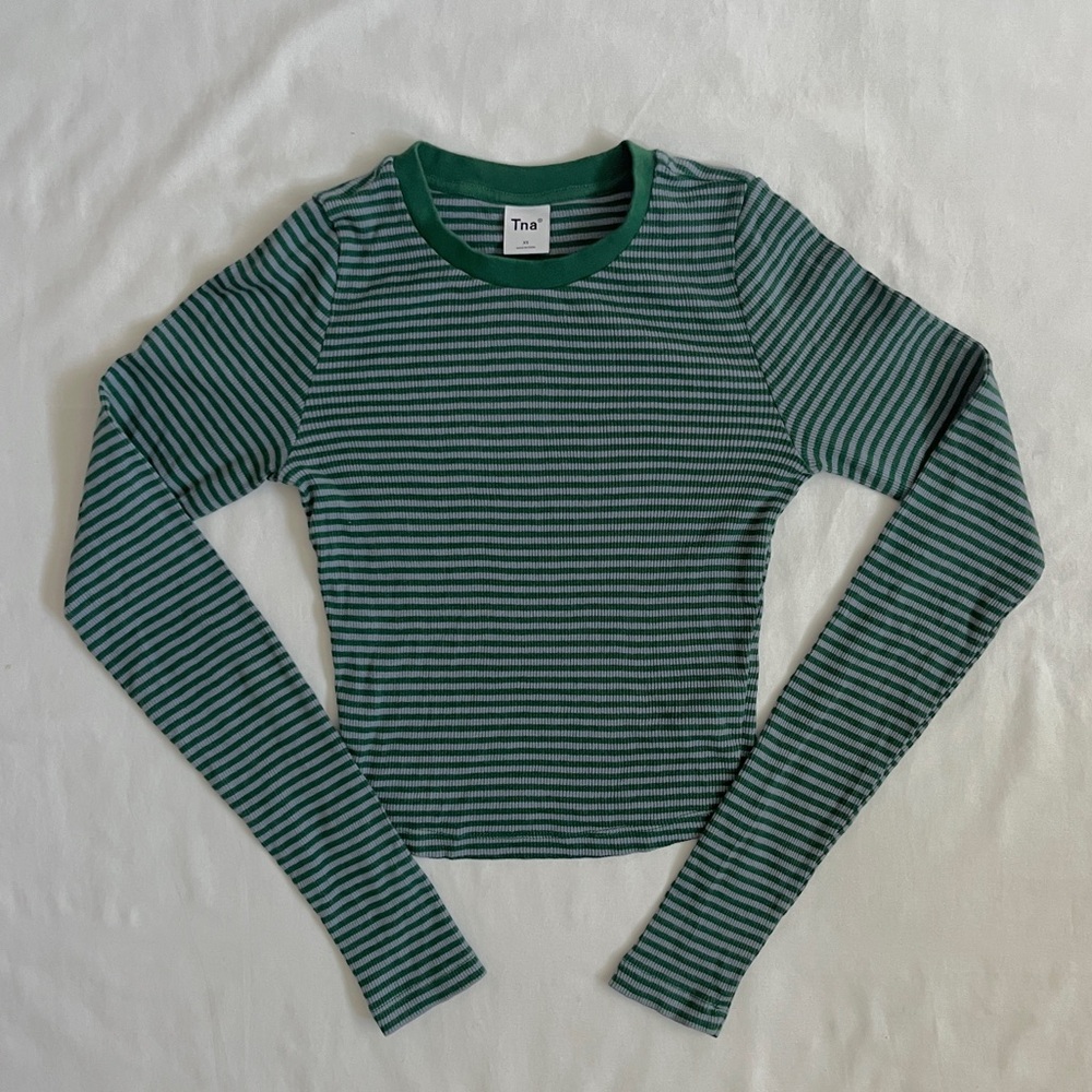 Aritzia Striped Ribbed Long Sleeve Top | Green & Blue Cropped Size XS